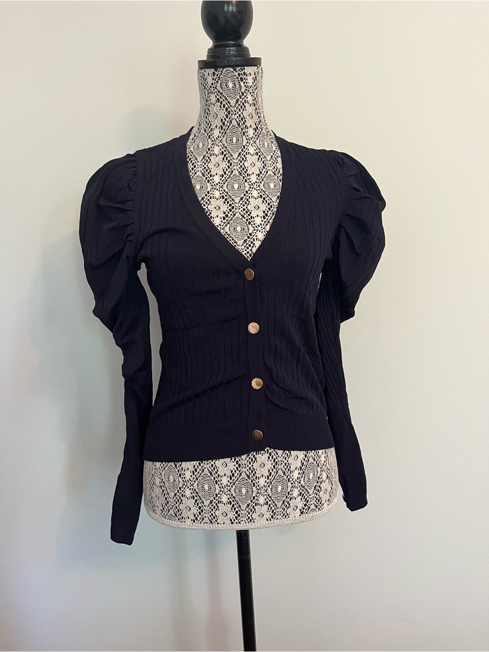 Zara navy Victorian Ribbed Knit Cardigan with Gold Buttons